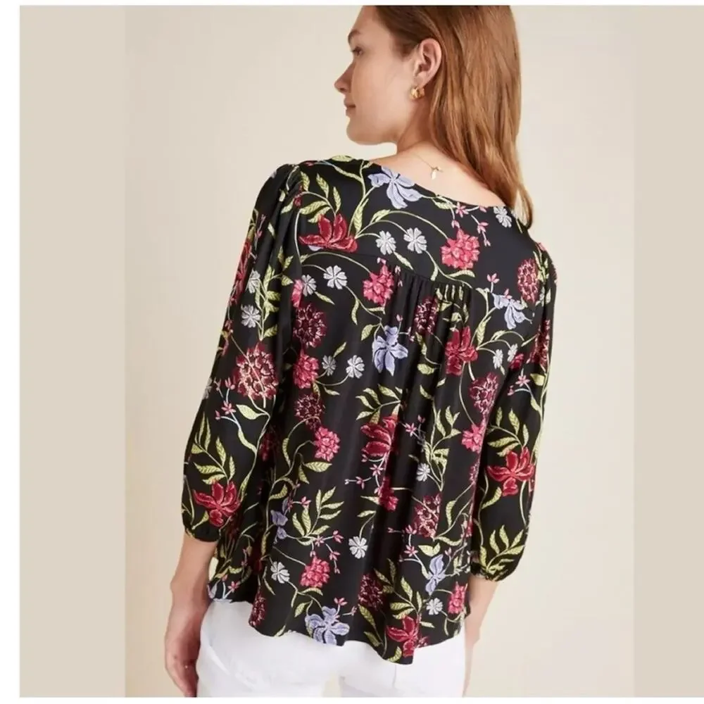 Anthropologie Dolan Cherie Floral Satin Babydoll Blouse Women's‎ XS Cottagecore